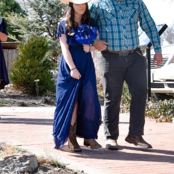 Ruffle slit navy blue prom dress - Picture 2 of 4